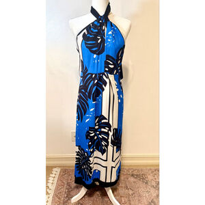Reiss Maxi Dress Size 6 Blue Black Tropical Halter lined slip